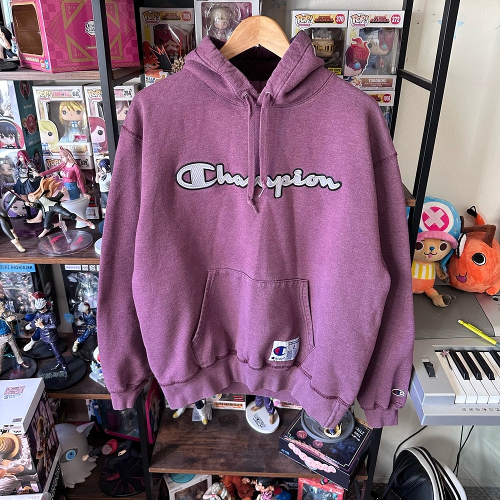 Vintage Champion Hoodie Burgundy Purple Spellout Pullover Sweatshirt Size L
